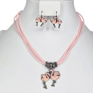 Pink Enamel Flamingo Necklace Earrings Jewelry Set Silver Tone 16" Tropical